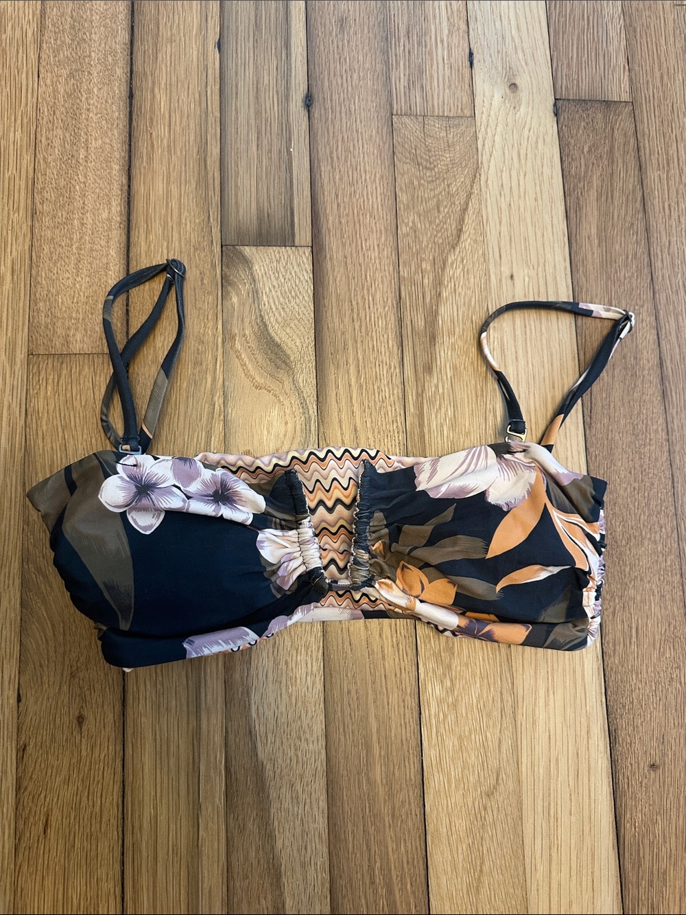 Maaji Black Floral Bandeau Strapless Bikini Top with Peach & Cream Blooms